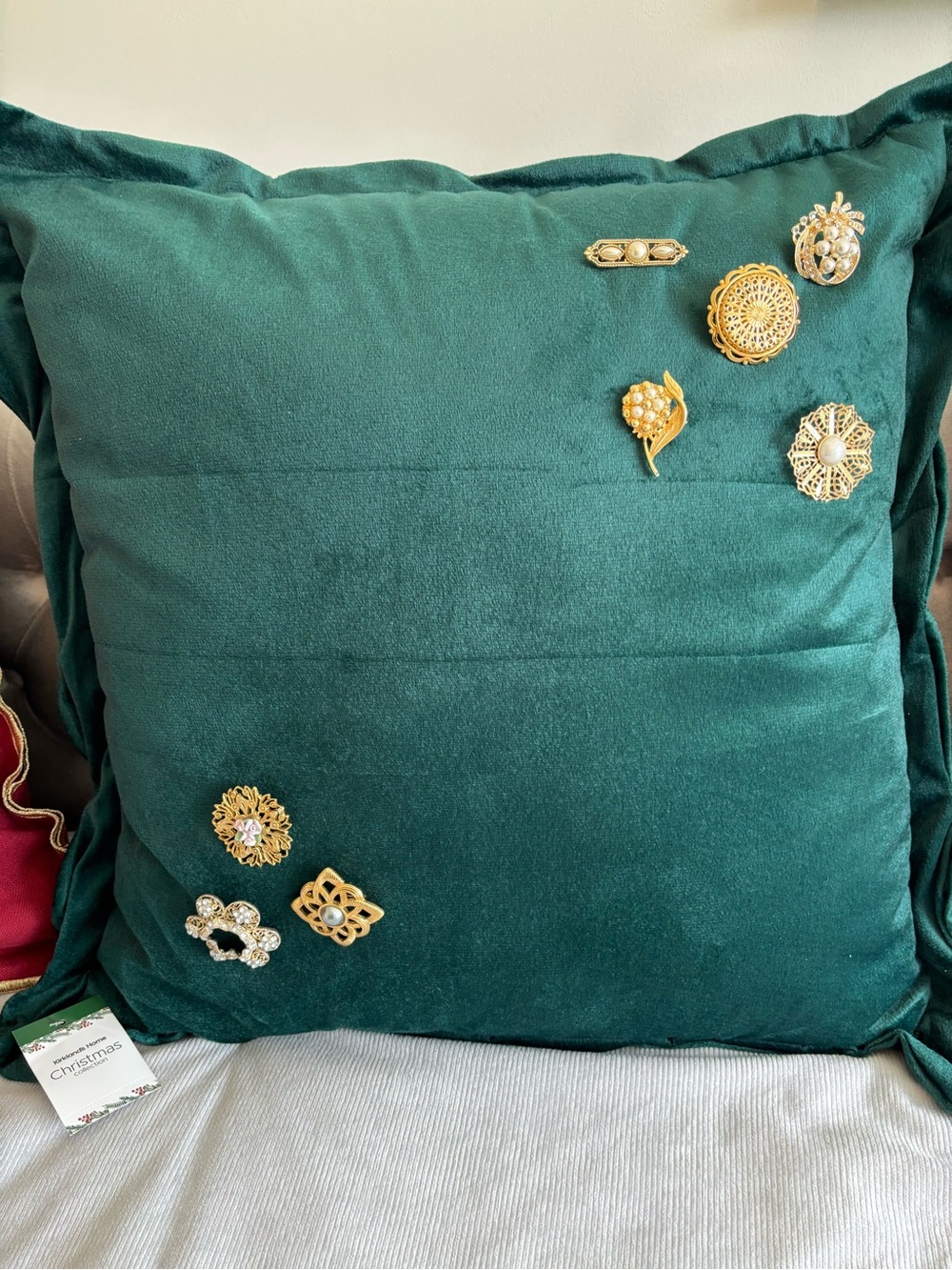 Designer Emerald Green Decorative Accent Pillow with Gold Brooch Details
